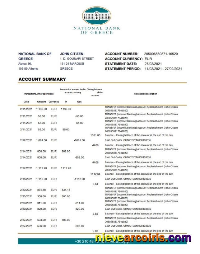 Greece National Bank of Greece bank statement in .xls and .pdf file format